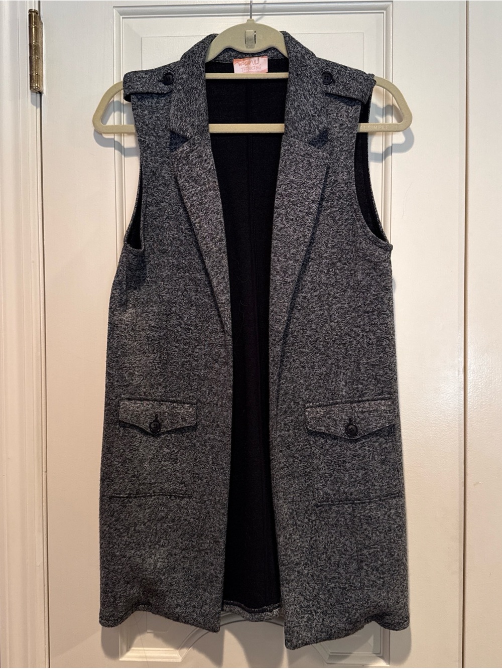 Sleeveless Open-Front Gray Wool Blend Vest